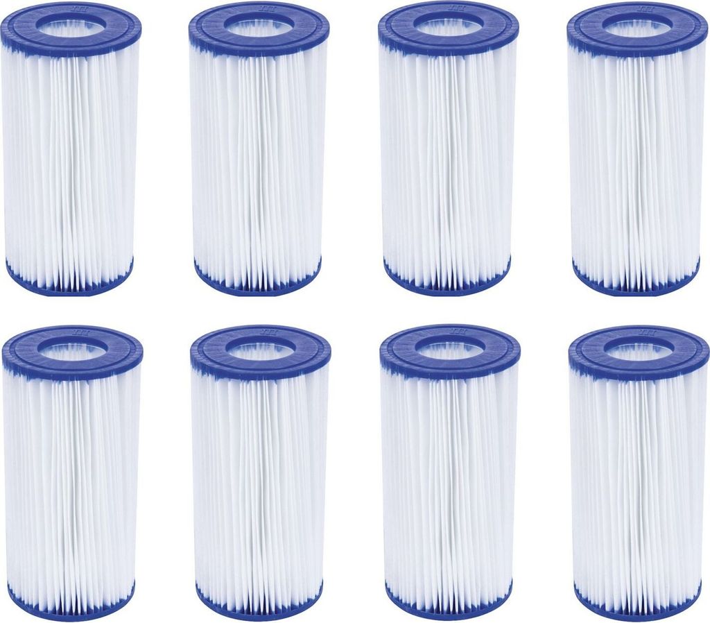 A set of eight identical pool filter cartridges arranged in two rows of four.