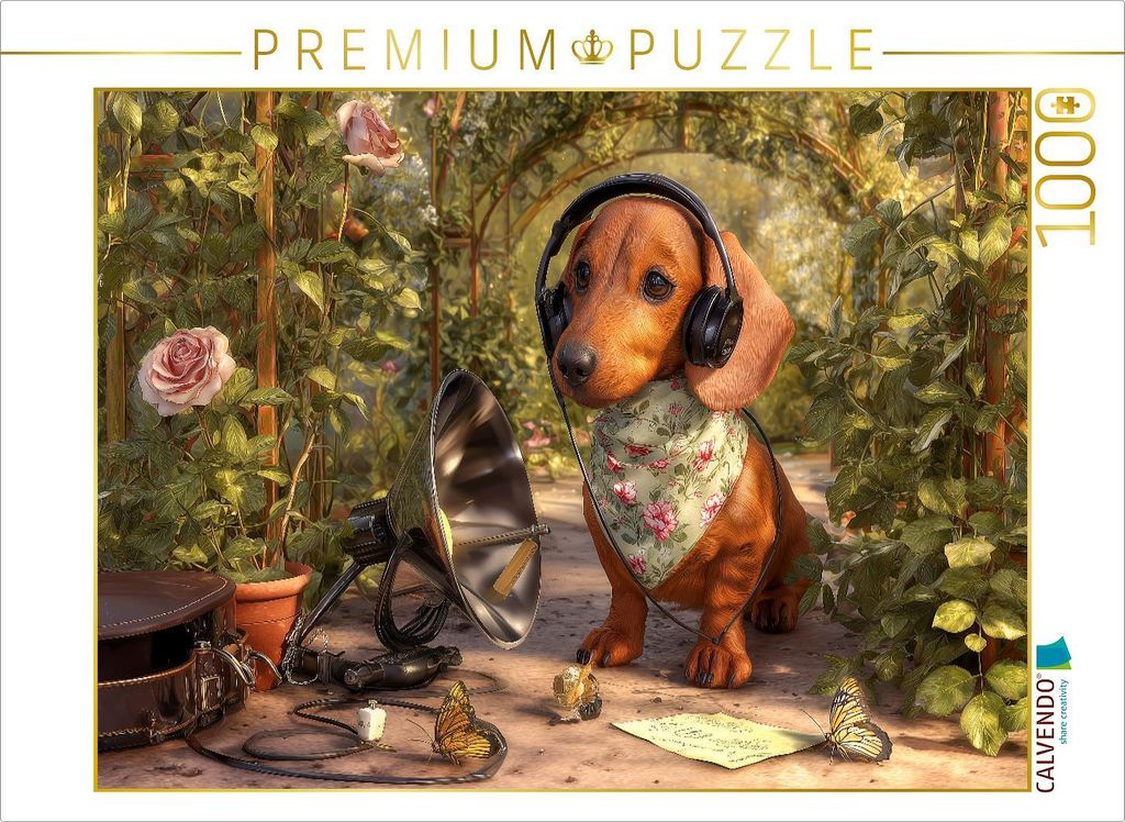 CALVENDO Puzzle Dackel mit Abhöranlage im Rosengarten auf geheimer Mission | 1000 Teile Lege-Größe 64x48cm Foto-Puzzle für glückliche Stunden