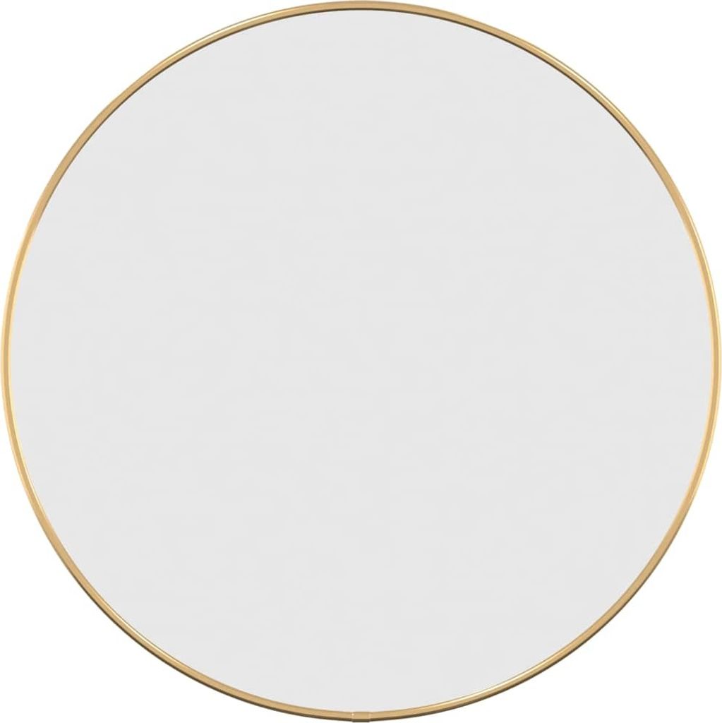 A round mirror with a thin gold frame against a white background.