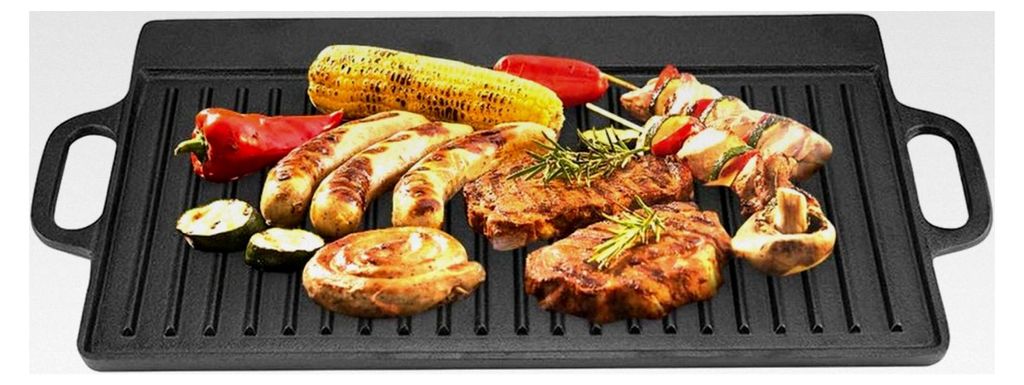 Gusseisen-Grillpfanne mit Antihaftbeschichtung, gerippte und flache Grillfläche, geeignet für Gaskocher und Induktionsgrill