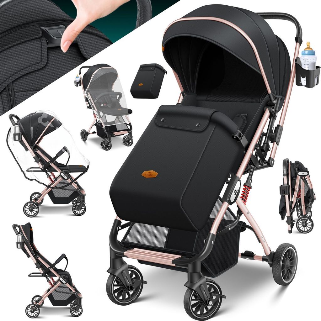 KIDIZ Kinderwagen Kinderbuggy klappbar Liegebuggy Sportwagen Faltbar 360° Räder 5-Punkt Gurt Inkl. Fußsack, Getränkehalter, Regenabdeckung & ...