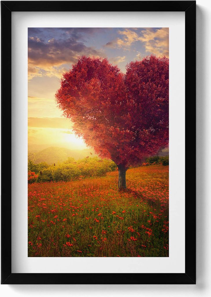 Liebesbaum in Form eines Herzens– Wandbild mit Rahmen – Gerahmtes Bild – Wanddekoration – 40x60 cm – Schwarz