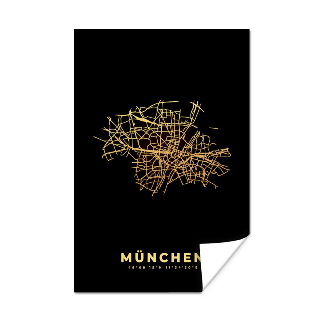 MuchoWow Poster München - Karte - Gold - Stadtplan 20x30 cm - Papierdruck