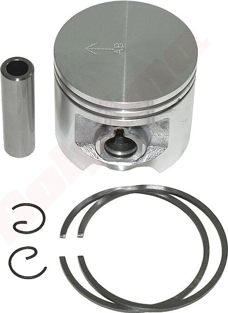 A set of engine parts, including a piston, wrist pin, and piston rings, arranged on a white background.