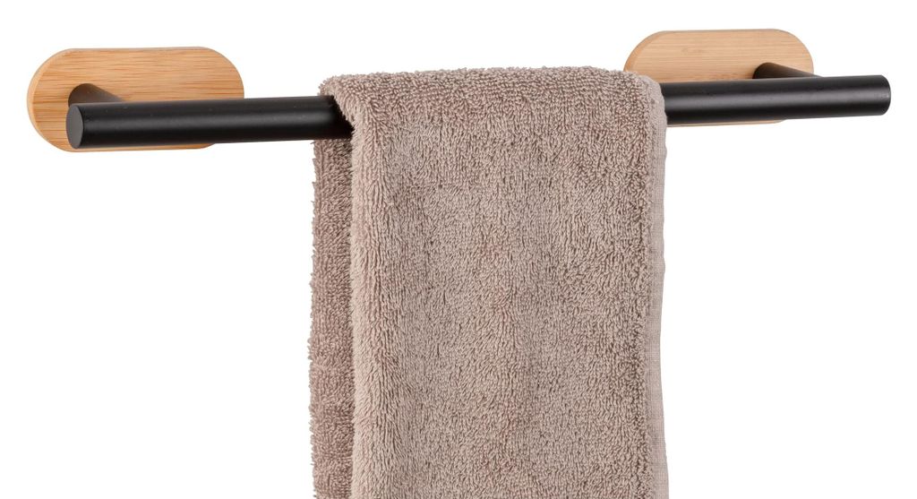Turbo-Loc Badetuchstange Orea Bamboo, Halter für Badetücher aus Schwarz matt lackiertem Edelstahl kombiniert mit Einer Wandhalterung aus Bambus, ...
