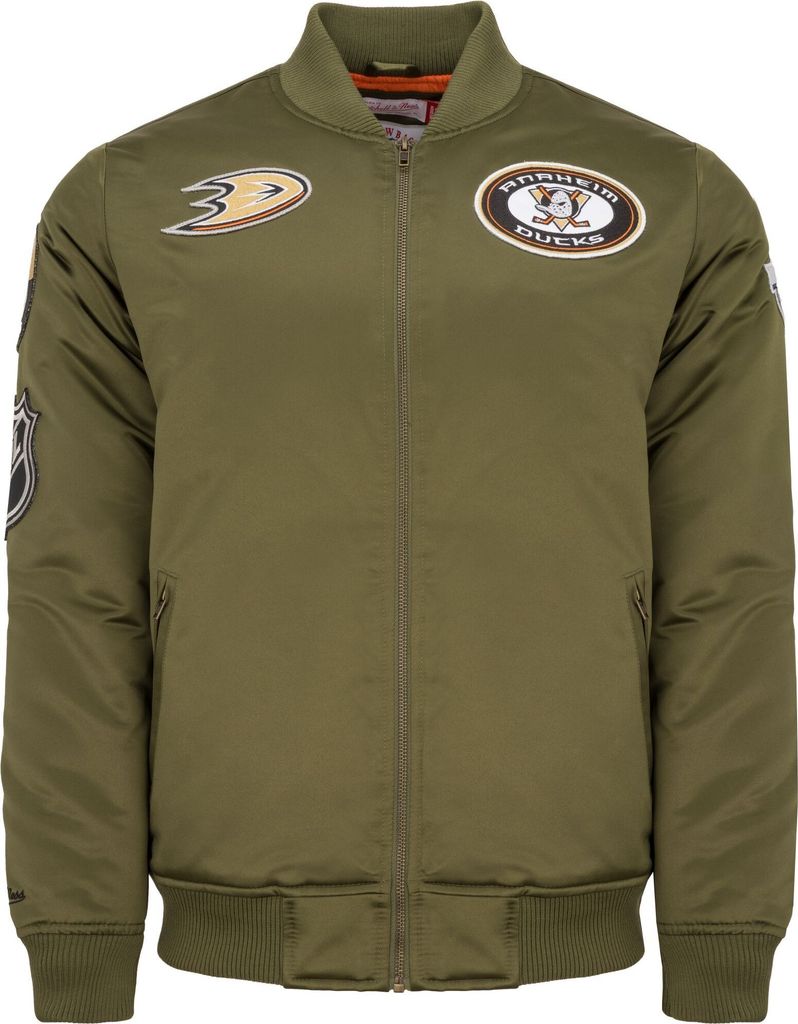 M&N Satin Bomber Jacke - PATCHES Anaheim Ducks oliv - L