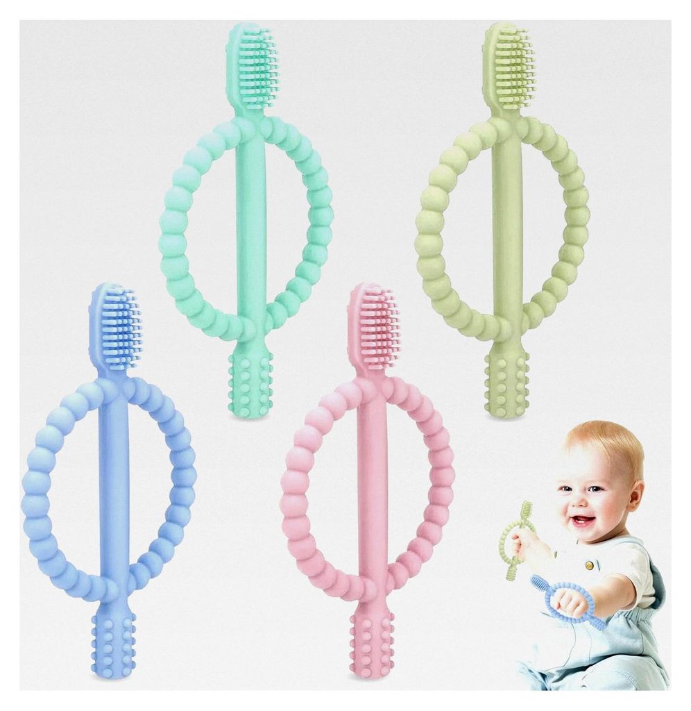 4 Stück Silikon Beißring für Babys, BPA-frei, Mehrfarbig, zur Stimulation und Massage des Zahnfleisches, geeignet ab 3 Monaten