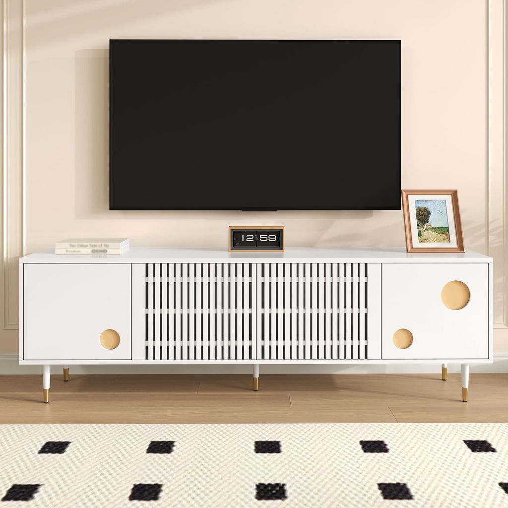 Merax TV-Schrank 170×36×54 cm, TV-Möbel mit Gitterstruktur und Golddekor, Lowboard mit 4 Türen, Kabelmanagement und Kippschutz, Wohnzimmermöbe...