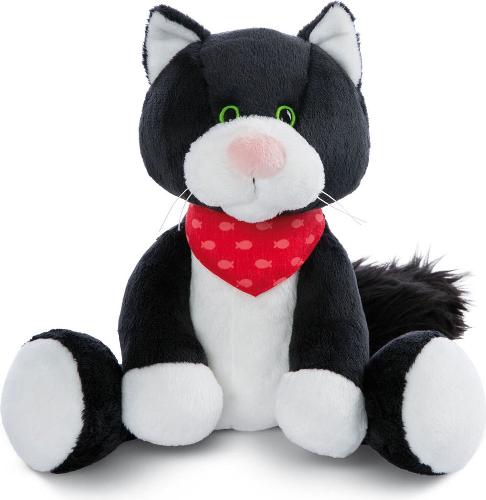 A plush toy cat sitting on a white background.