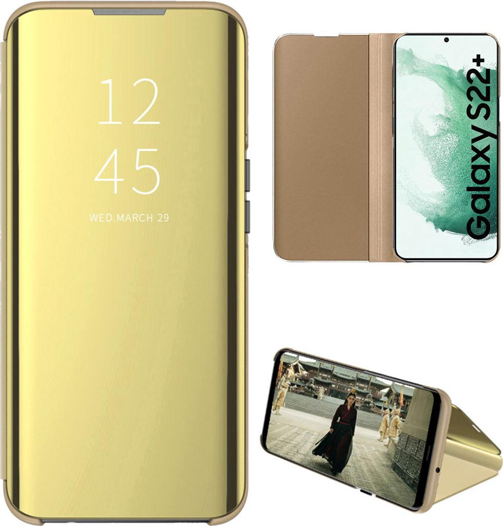 Samsung Galaxy S22 Plus 5G Hülle, lichtdurchlässigen Spiegel Abdeckung, Klappetui Kunstleder Schutzhülle mit Standfunktion Gold