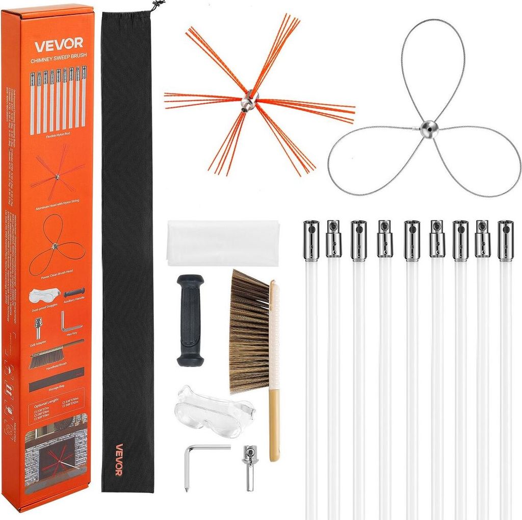 Schornsteinfeger-Set, maximal 9 m ausziehbare Schornsteinbürste, Schornsteinreiniger mit zwei Bürstenköpfen, Bürste und Schutzbrille, Reinigung...