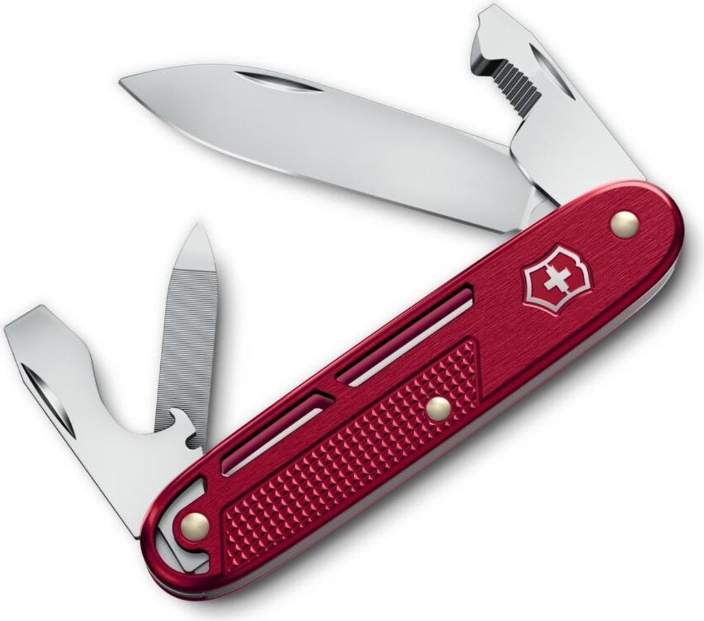 A red multi-tool pocket knife is shown against a white background.