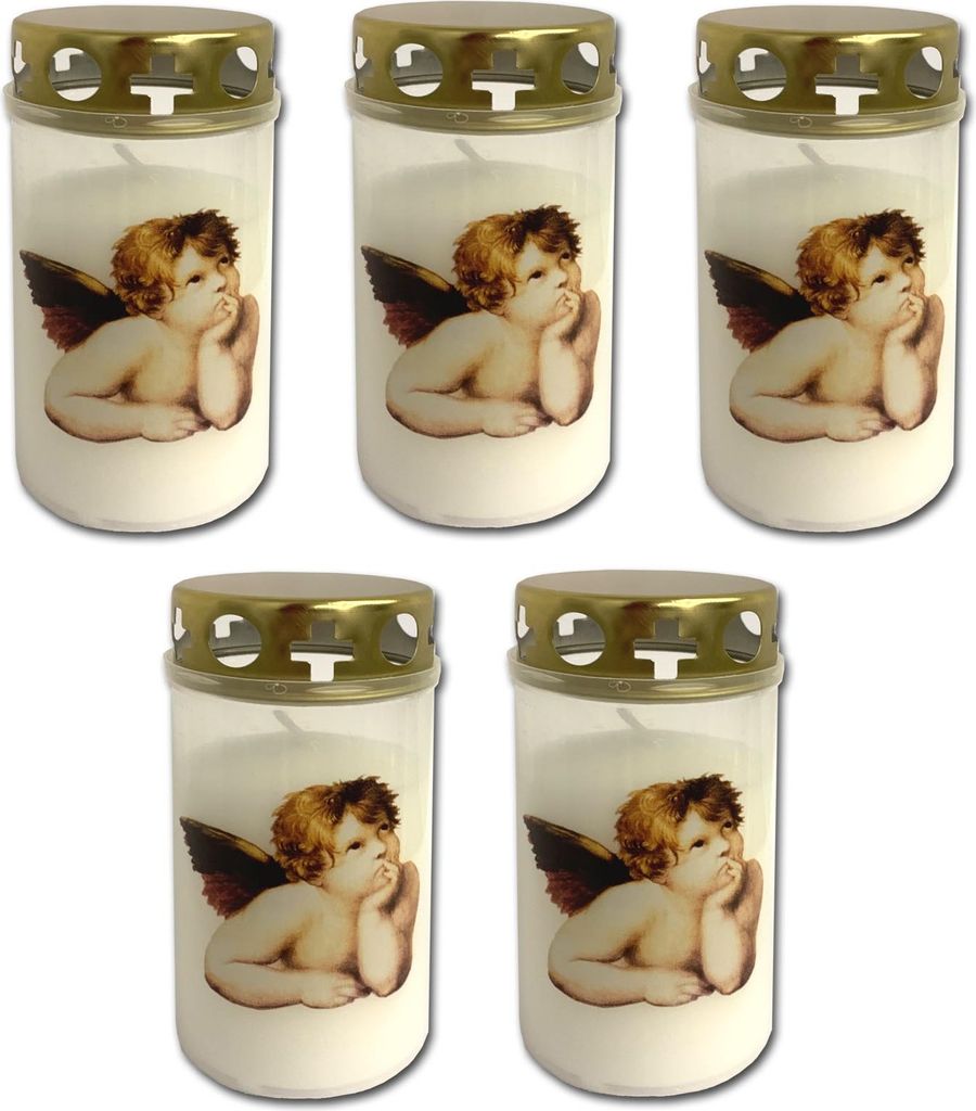 5er Set Grablicht Weiss mit Deckel Grabkerzen mit Engel Motiv Friedhofskerzen Grablichtkerze Trauerlicht Gedenkkerze Grabdekoration Grabdeko