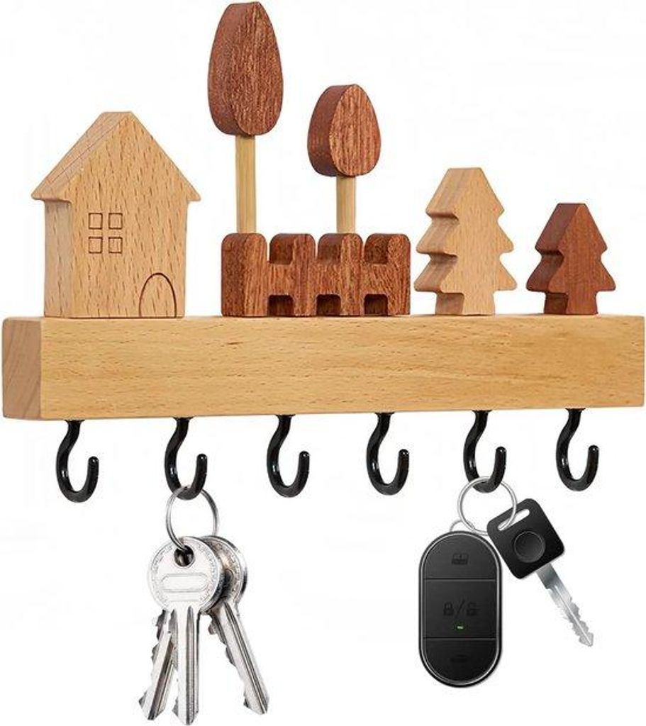 Holzschlüsselhalter für Wand - Schlossregal mit 6 starken Haken, 22,5 x 3 x 2 cm - Dekorativ und praktisch für Flur - Küche - Büro - Badezimme...
