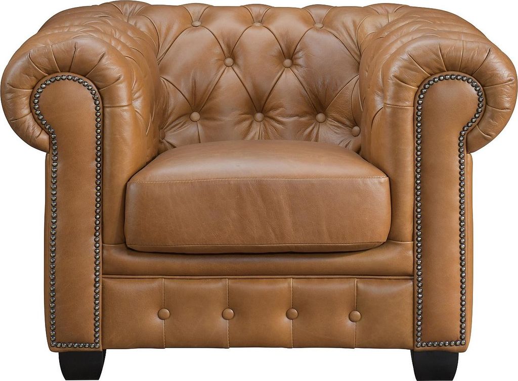 BRENTON 100% Büffelleder Chesterfield Sessel - Farbe: caramel vintage
