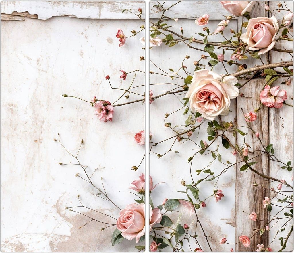 Spritzschutz Herdabdeckplatte Schneidebrett aus Glas Rosenblüten Eleganz 2-Teilig (60x52cm)