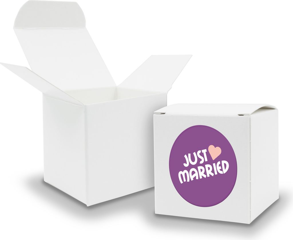 SET JustMarried (Motiv43) 24x Faltschachtel Würfel 6,5cm weiß + Sticker