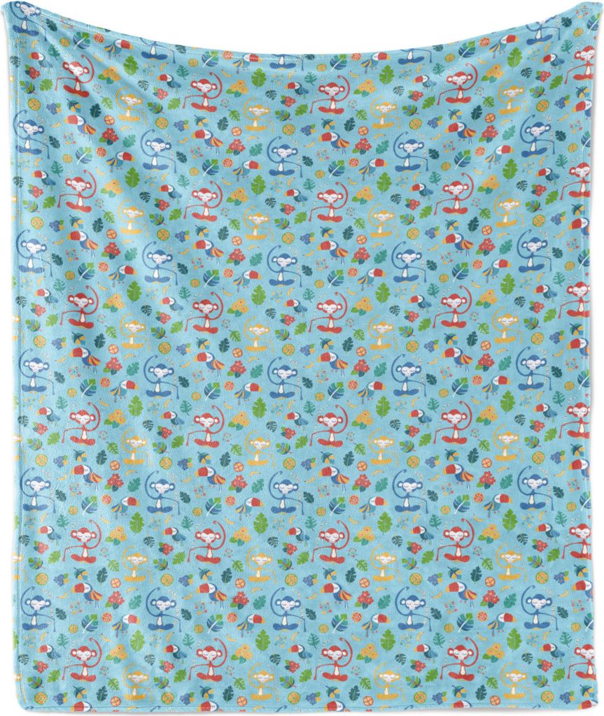 ABAKUHAUS Exotisch Weich Flanell Fleece Decke, Lustige Affen und Tukane Bunte Blätter Früchte Blumen-Muster, 175 x 230 cm, Pale Sky Blue Mehrfarbig