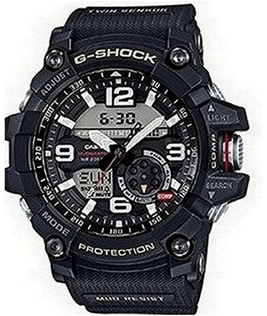 A close-up studio shot of a black G-Shock watch.
