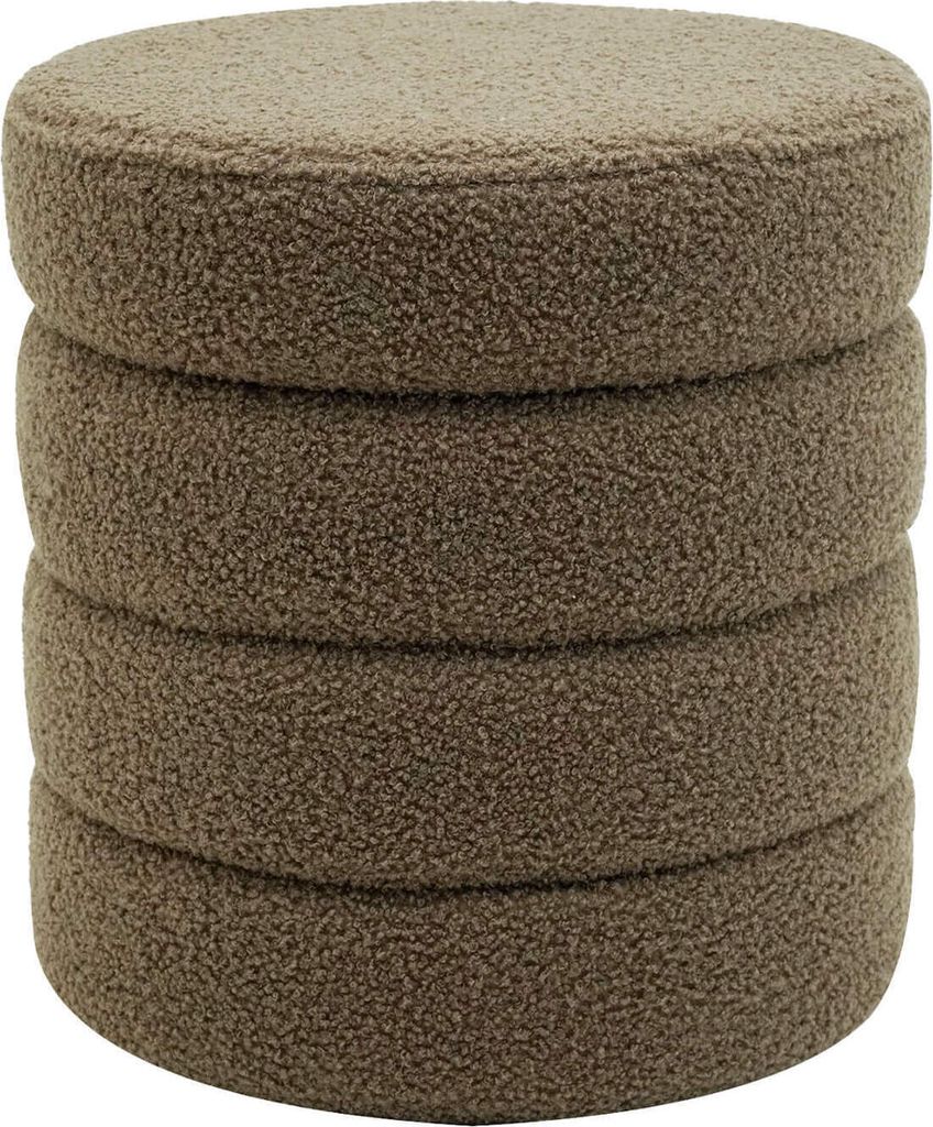 A stack of four round, textured ottomans or storage stools.