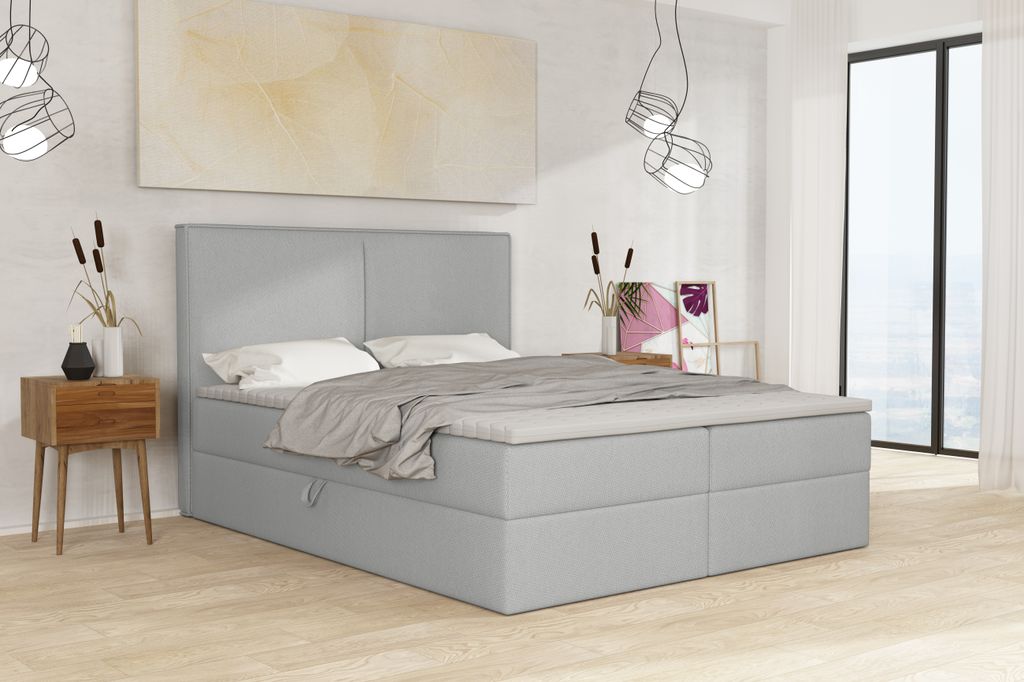 Emoebel24 Boxspringbett mit Topper und 2 Bettkasten, Polsterbett, Doppelbett 160x200 cm Calipso 1 Grau