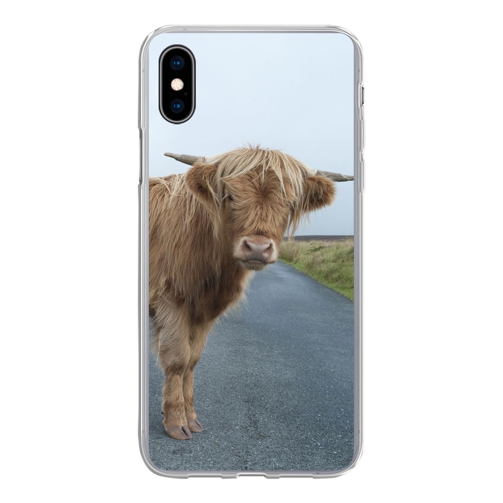 MuchoWow Handyhülle Schutzhülle Hülle für iPhone Xs Scottish Highlander - Straße - Gras Silikon Softcase Handy Hülle - Handytasche