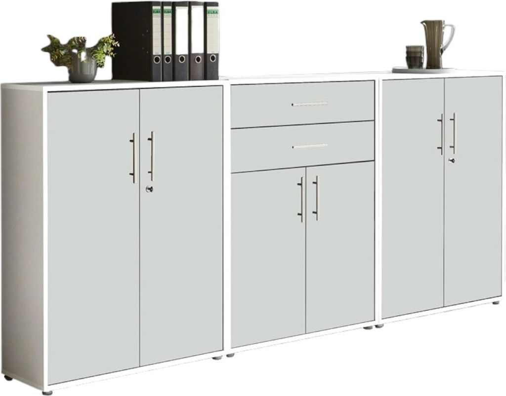 Aktenschrank TABOR 15 in weiß / weiß matt, Schrankwand, Büroschrank, abschließbar, Metallgriffe