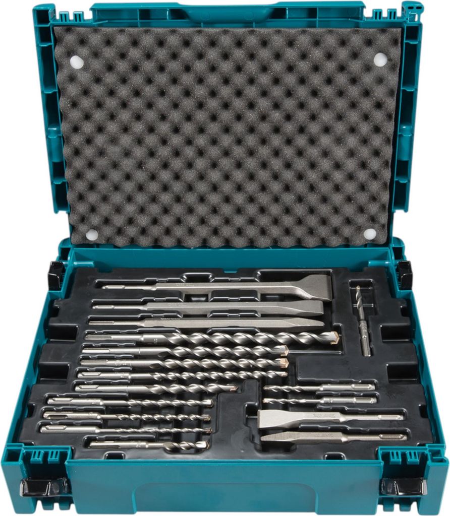 A set of drill bits and chisels in a teal plastic case with foam padding.