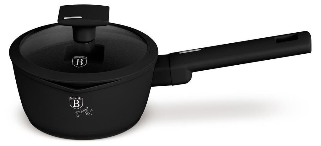 A black cooking pot with a glass lid and a black handle, shown from a side angle on a white background.