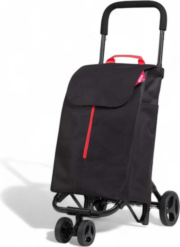 Einkaufswagen mit Polyestertasche schwarz 50 Liter 4 Räder Doppelnutzung Stahlstruktur leichtes Gewicht Reißverschluss vorne