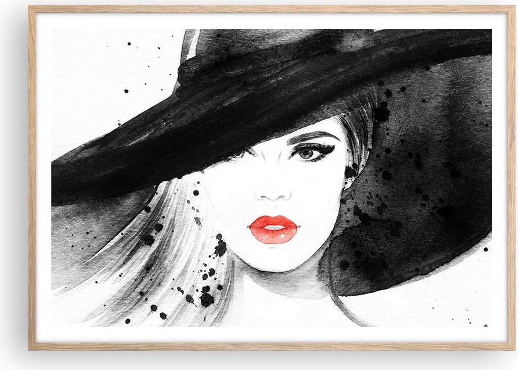 Gerahmtes Poster - Rahmen in heller Eiche - Frau Gesicht Lippen - 100x70 cm - Wand Bild - Wanddeko - Wandbilder - Wandposter - Bilderrahmen - Bilde...