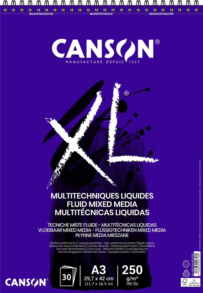 Papier Extra Blanc 250g Canson XL Fluid Mixed Media A3 Surface Lisse x5