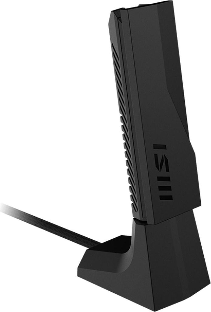 A black MSI WiFi adapter with a stand and cable is shown against a white background.