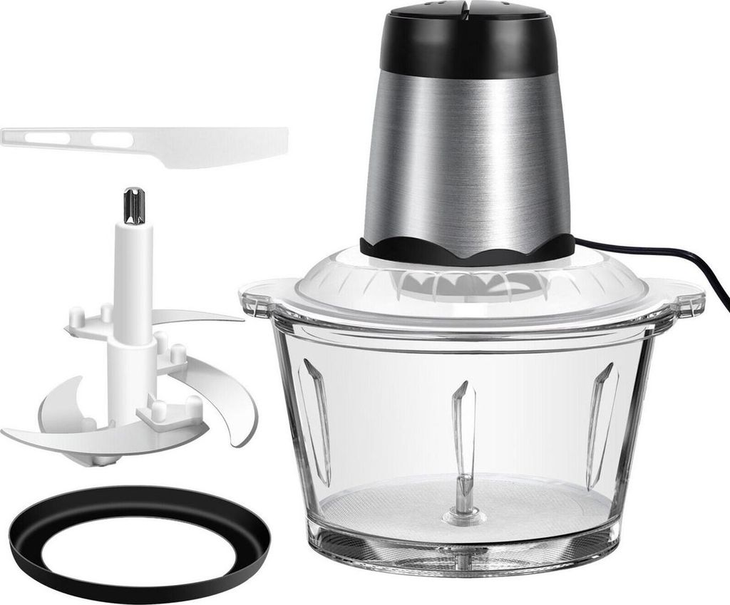 A food chopper with its accessories, displayed on a white background.