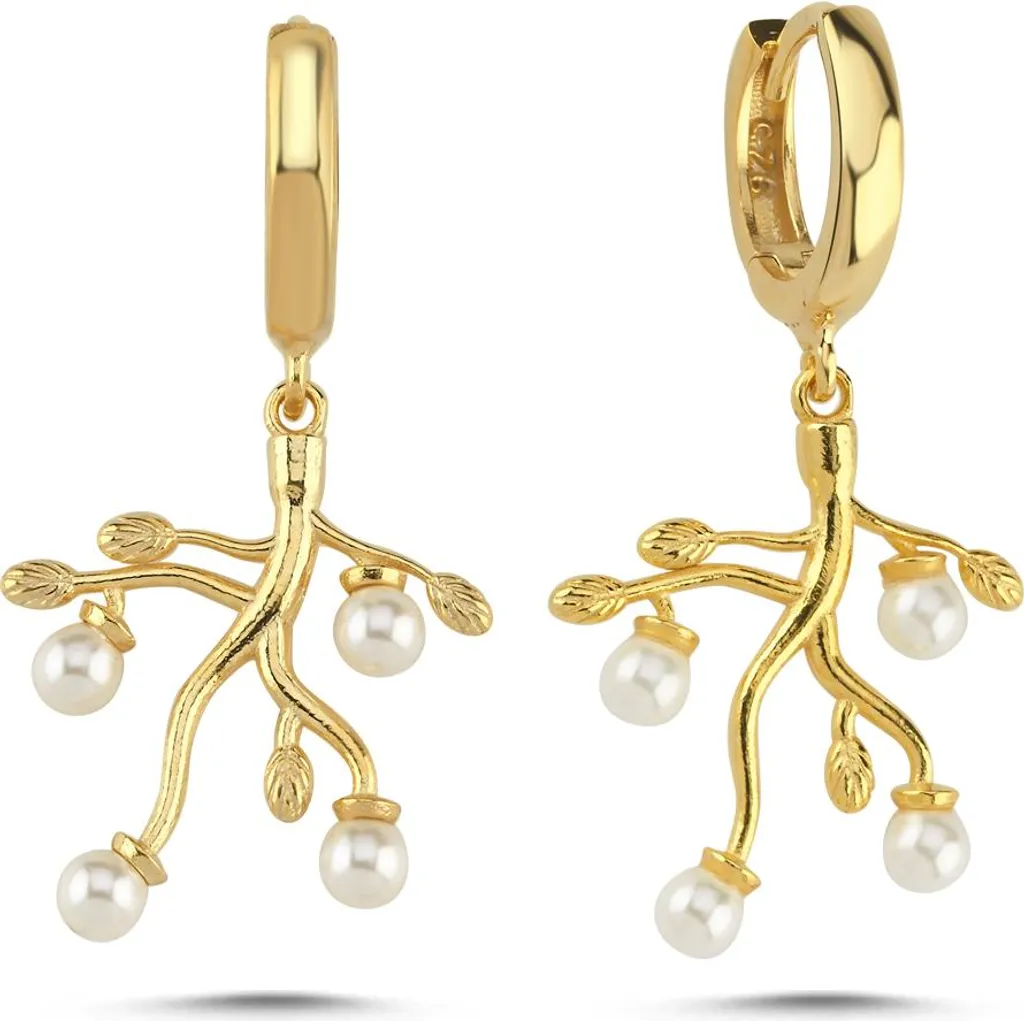 Boucles d'oreilles pendantes argent 925 motif branche et perle nacrée
