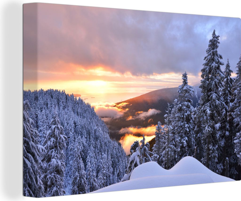 OneMillionCanvasses - Leinwandbilder - 140x90 cm, Sonnenuntergang über dem nordamerikanischen Grouse Mountain in Kanada, Wandbilder Kunstdruck W...