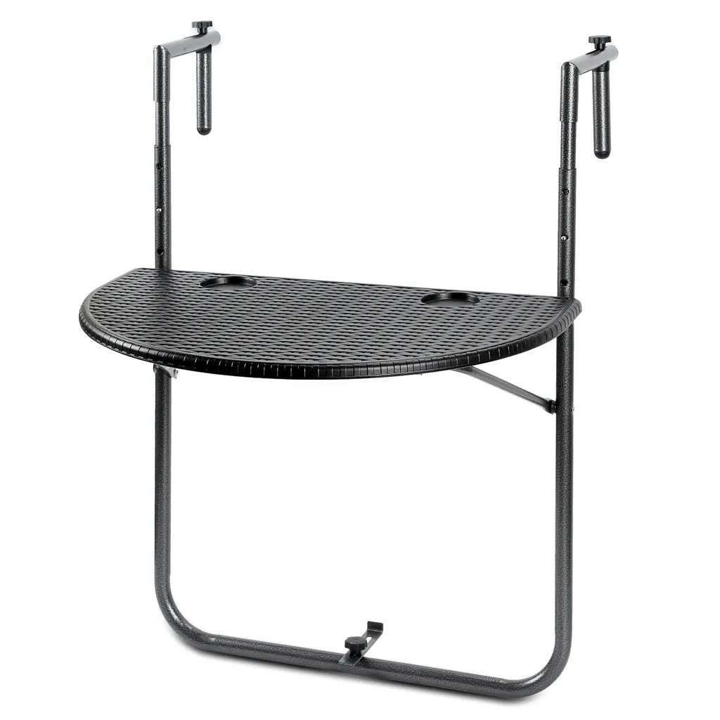 Tavolo da balcone Tavolo pensile Tavolo da balcone pieghevole Tavolo da balcone Tavolo da giardino a 3 altezze, 2 portabicchieri, in rattan, 60x40 cm Nero