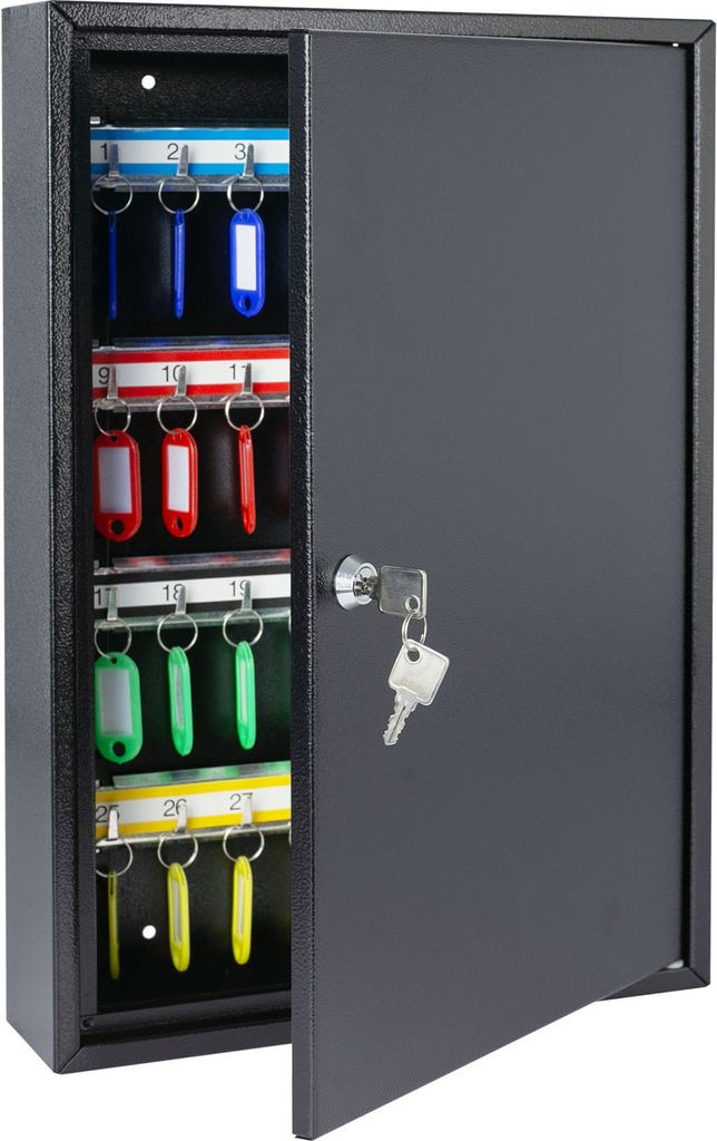 Schlüsselschrank aus Stahl, abschließbar mit 64 Haken, 45x30x 8 cm, HMF, Schwarz