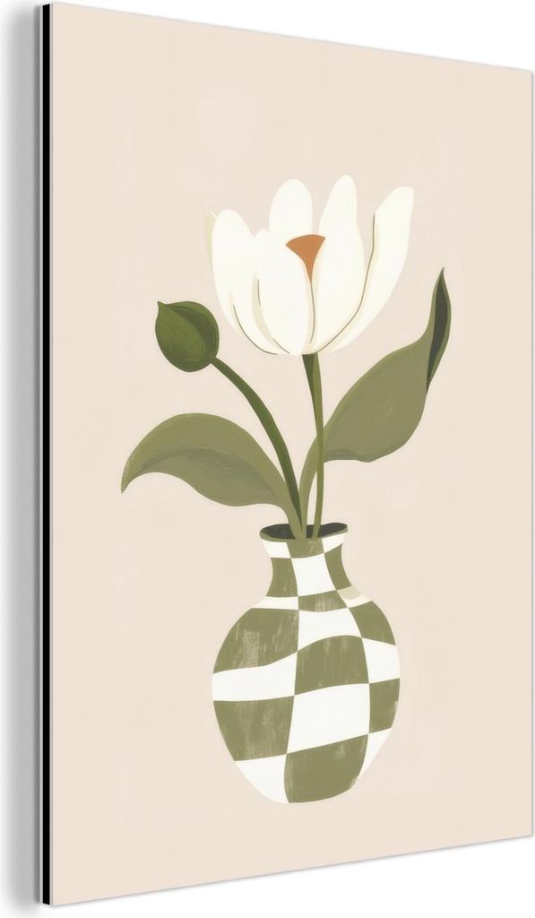 MuchoWow Wanddekoration Metall Metallbild Wandkunst 90x120 cm Vase - Kariert - Blume - Grün MuchoWow Aluminium Gemälde - Industrial
