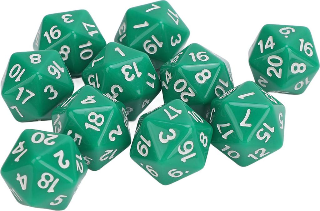 10-teiliges polyedrisches Würfelset aus Kunststoff, leicht, 20 Seiten, für Rollenspiele, Tischspiele, Grün