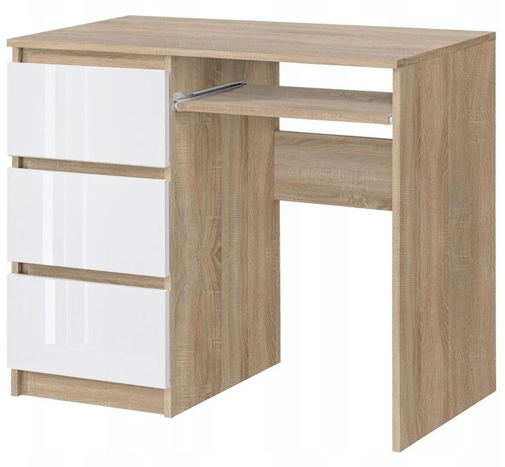 Biurko 3 szuflady lewe DĄB SONOMA + BIAŁY POŁYSK Zdjęcie produktu 