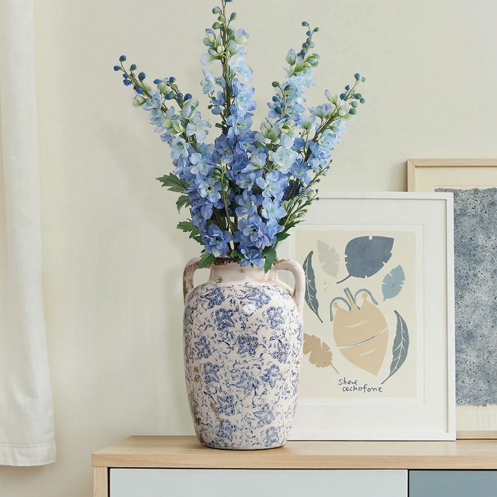 Keramikvase Blau-Weiß Dekor, 29 cm, Vintage Blumenvase mit Henkel