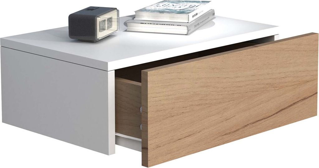 UsalM45 nachtkastje wandmontage 1 lade wit, eik decor. Productafbeelding 