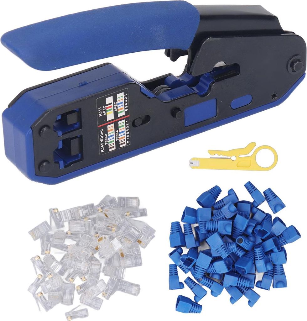 RJ45-Crimpwerkzeug-Set mit Abisolierzange für Cat5-, Cat5e- und Cat6-Durchgangsverbinder