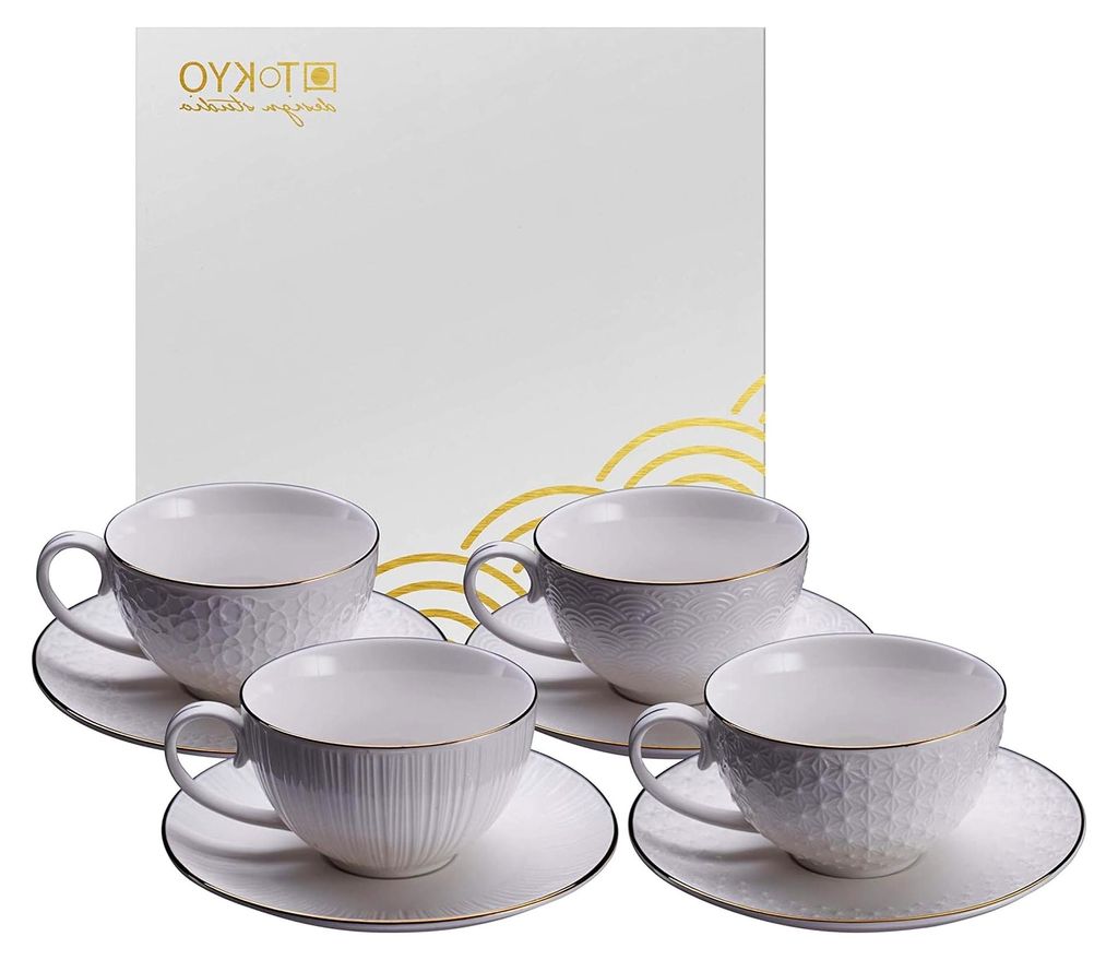 Nippon White 4-teiliges Tassen-Set weiß mit Untertassen, Goldrand, Ø 7,7 cm, 4,6 cm hoch, 100 ml, asiatisches Porzellan, japanisches Design, inkl...