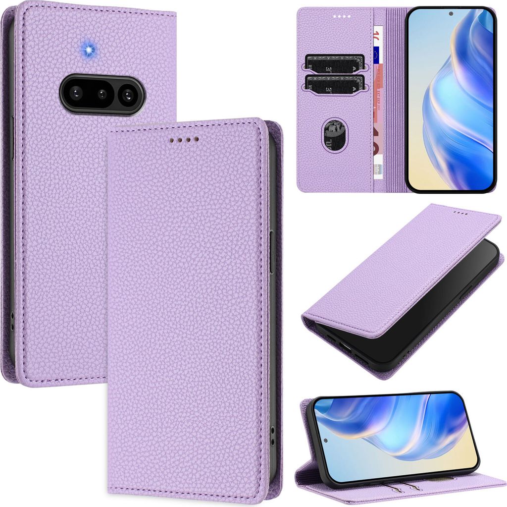 Litchi Leder Handyhülle für Nothing Phone 3a Wallet Kartenfächer Standfunktion Hülle Violett