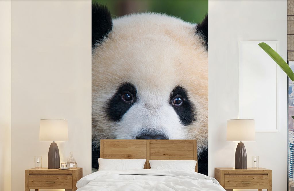 MuchoWow Fototapete für Wohnzimmer oder Schlafzimmer Wandtapete Vinyl Motivtapete Panda - Wildtiere - Porträt - Stein - 120x240 cm - Hintergrun...