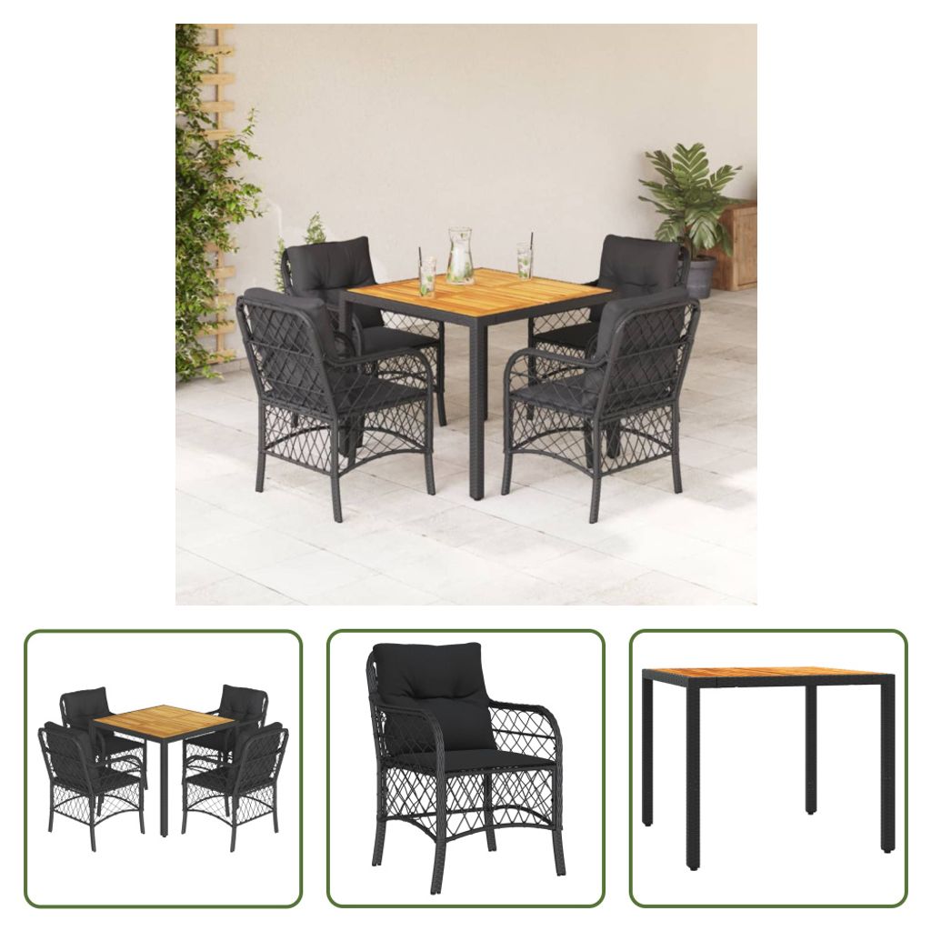 The Living Store 5-tlg. Garten-Essgruppe mit Kissen Schwarz Poly Rattan