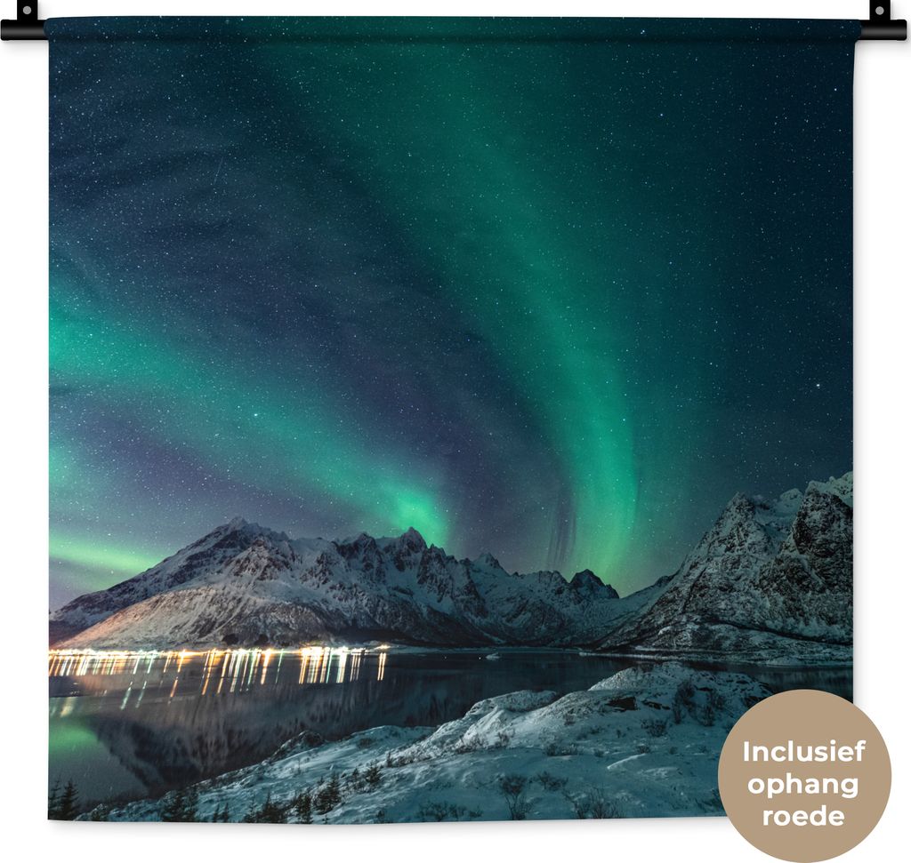 MuchoWow Wandteppich Wandbehang Nordlicht - Berg - Schnee - Grün - Sternenhimmel - Winter 60x60 cm Tapisserie Dekoration Wandtuch - Dekorationen...