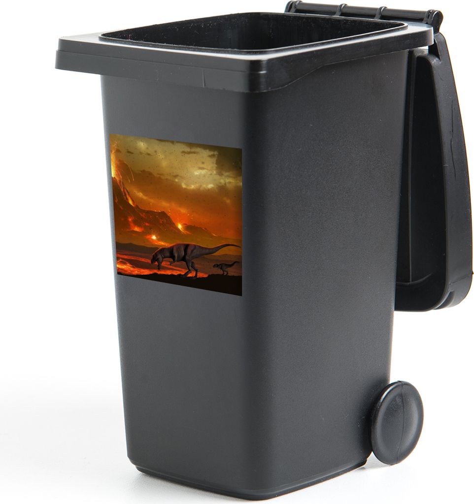 MuchoWow Mülltonnenaufkleber Dino - Vulkan - Lava - Illustration - Jungen - Kinder 40x40 cm - Abfall-Aufkleber - Container - für Abfallcontainer
